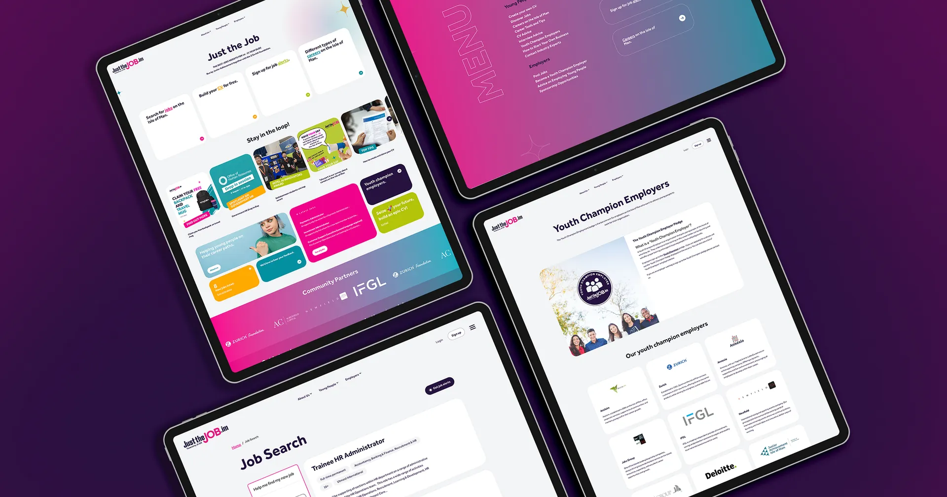 Three tablet mockups showing the Just the Job platform designed by DotPerformance, displaying the homepage, navigation menu, Youth Champion Employers page, and job search listings